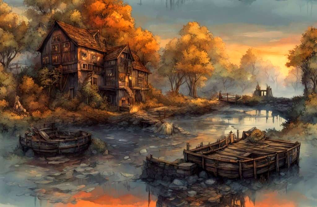 Whimsical Evening Watermill in Steampunk Fantasy