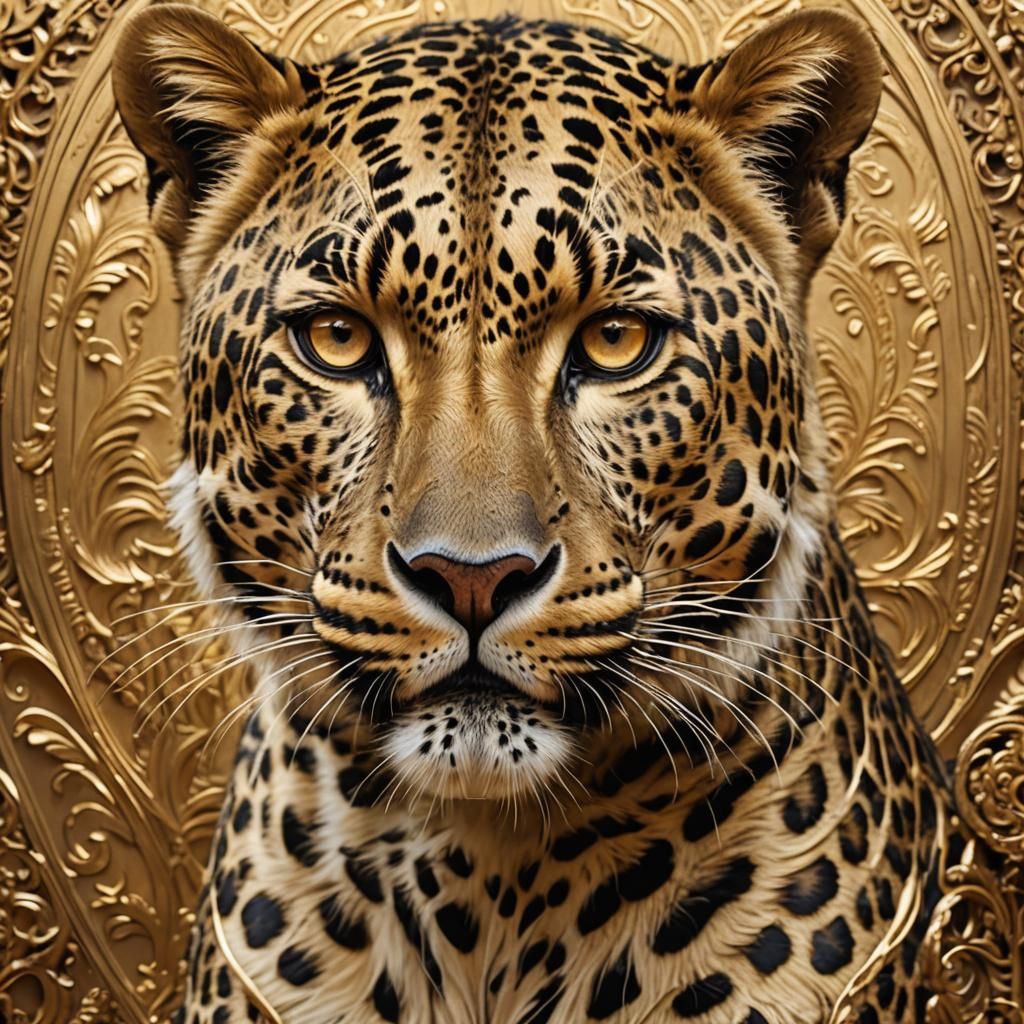 Leopard Face in Gold Filigree Matte Painting