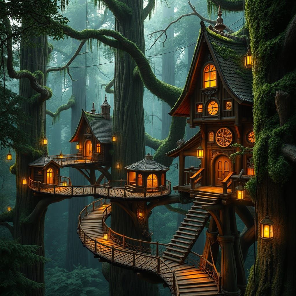 Whimsical Treehouse Village Amidst Ancient Redwoods