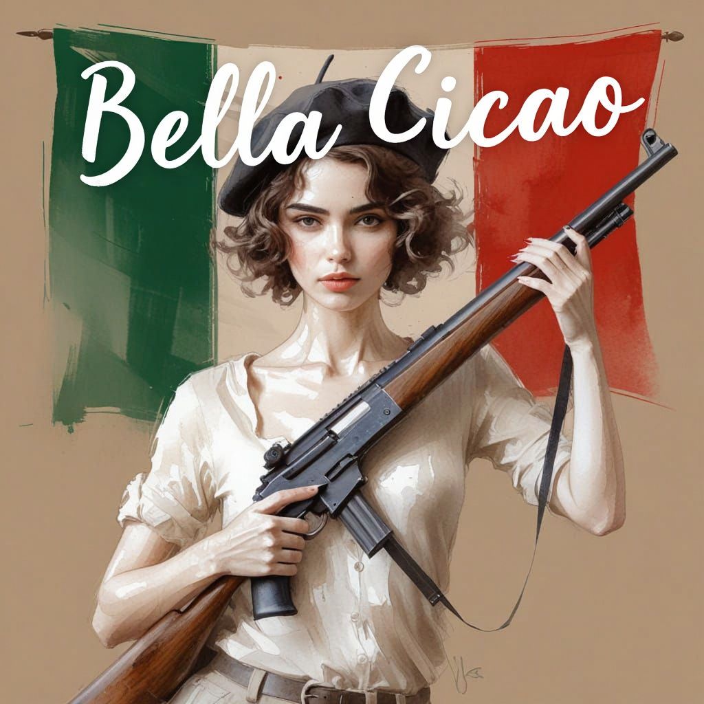 Brunette Woman with Beret and Rifle in Italy Flag