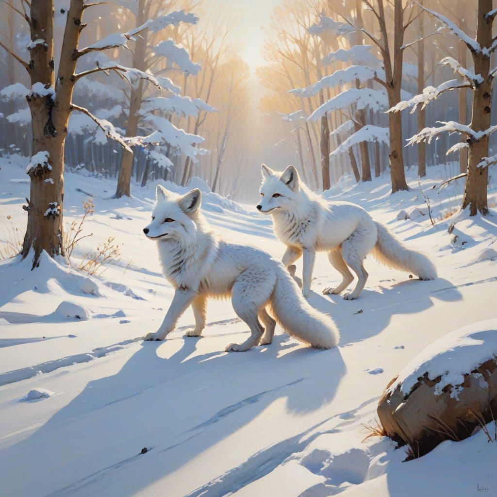 Snowy Foxes in Impressionistic Winter Landscape