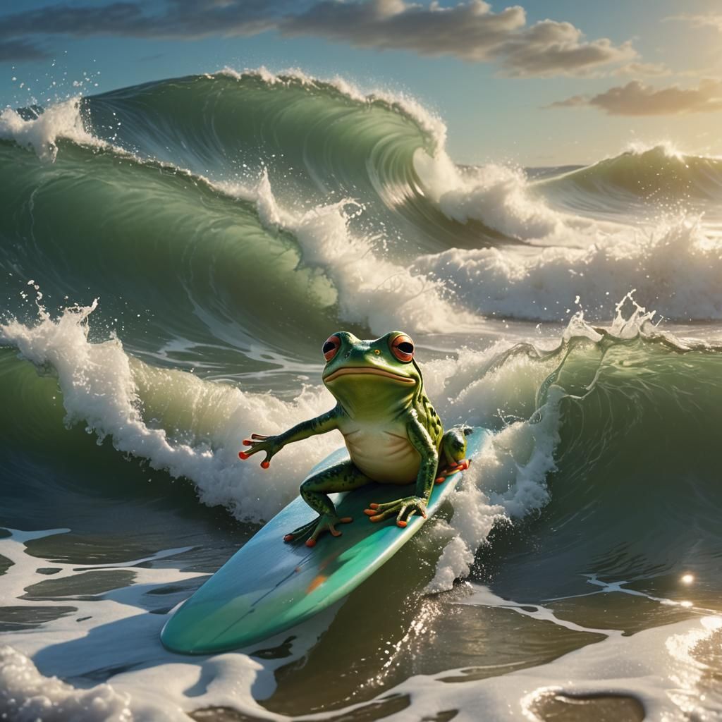 Frog Surfer on Sunny Beach in Digital Painting