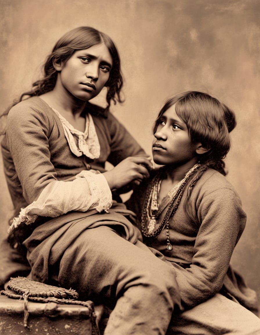 Indigenous Man Delousing Child in Sepia Tones