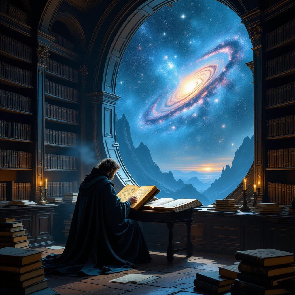 Celestial Library Among the Stars in Ethereal Style