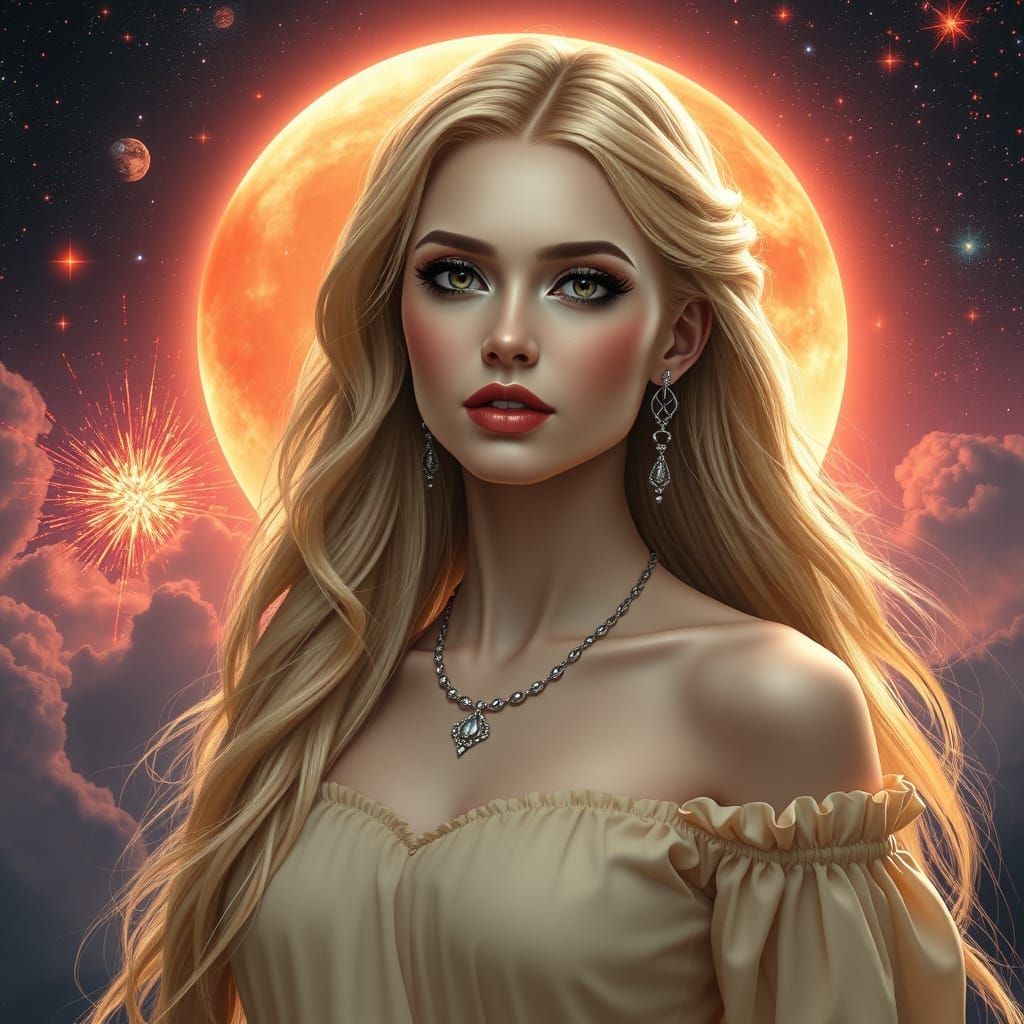 Goddess Under Blood Moon in Cyberpunk Style