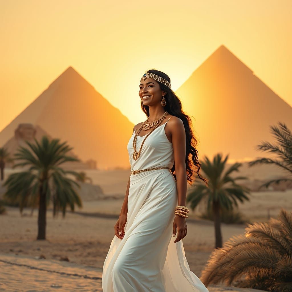 Elegant Egyptian Goddess Walking Amidst Art Deco Pyramids