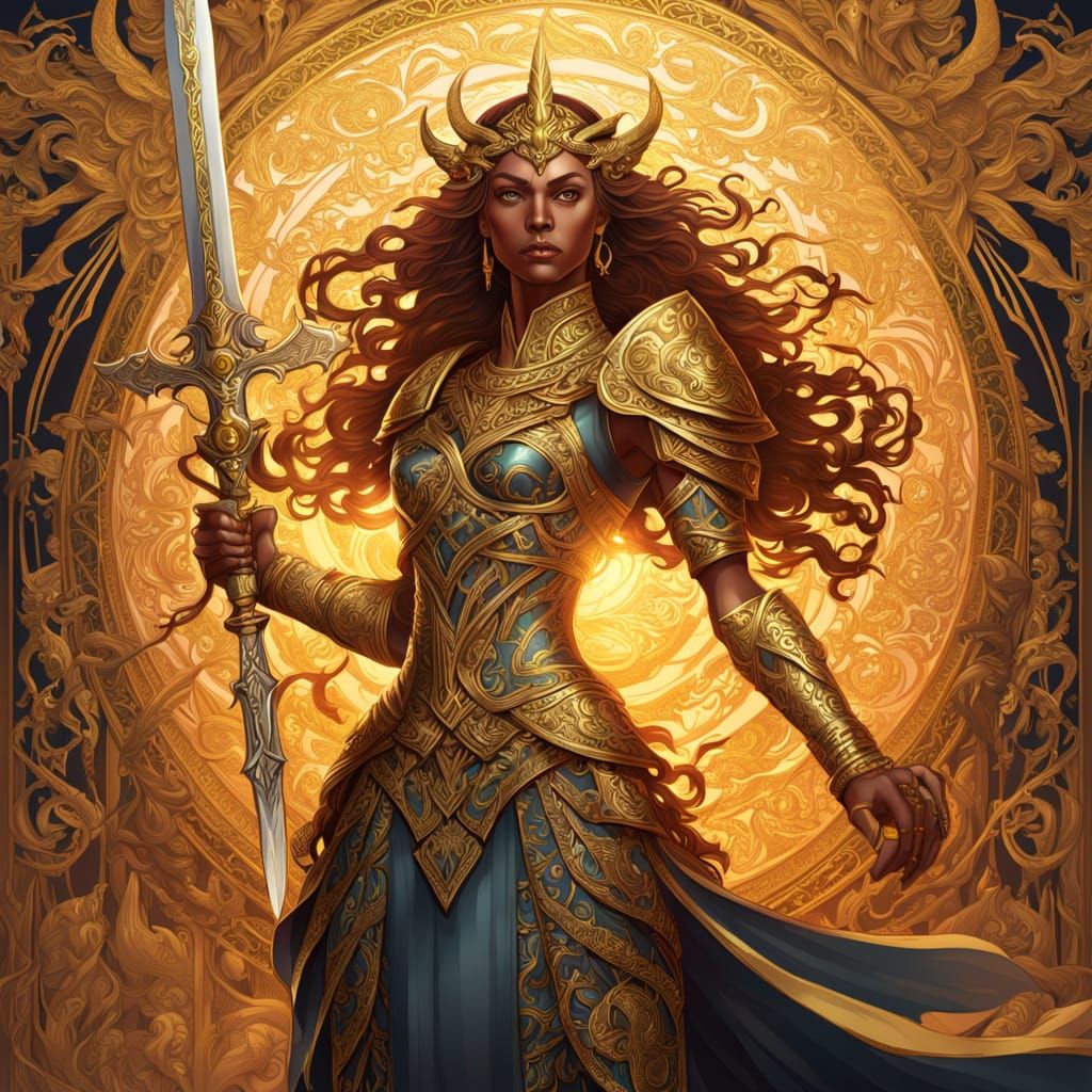 Warrior Goddess Wields Ornate Swords in Art Nouveau Style