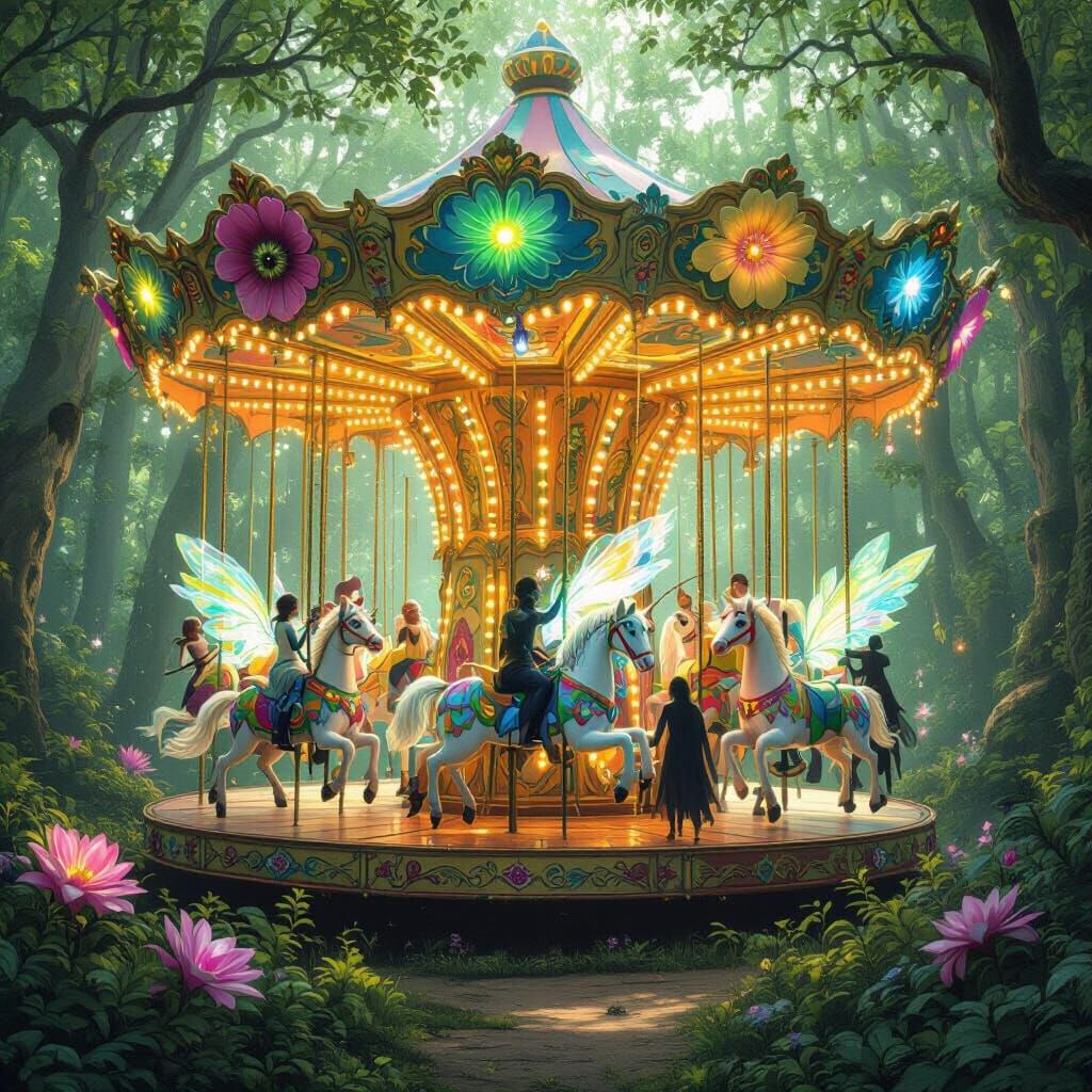 Mystical Carousel in Enchanted Forest with Whimsical Creatur...