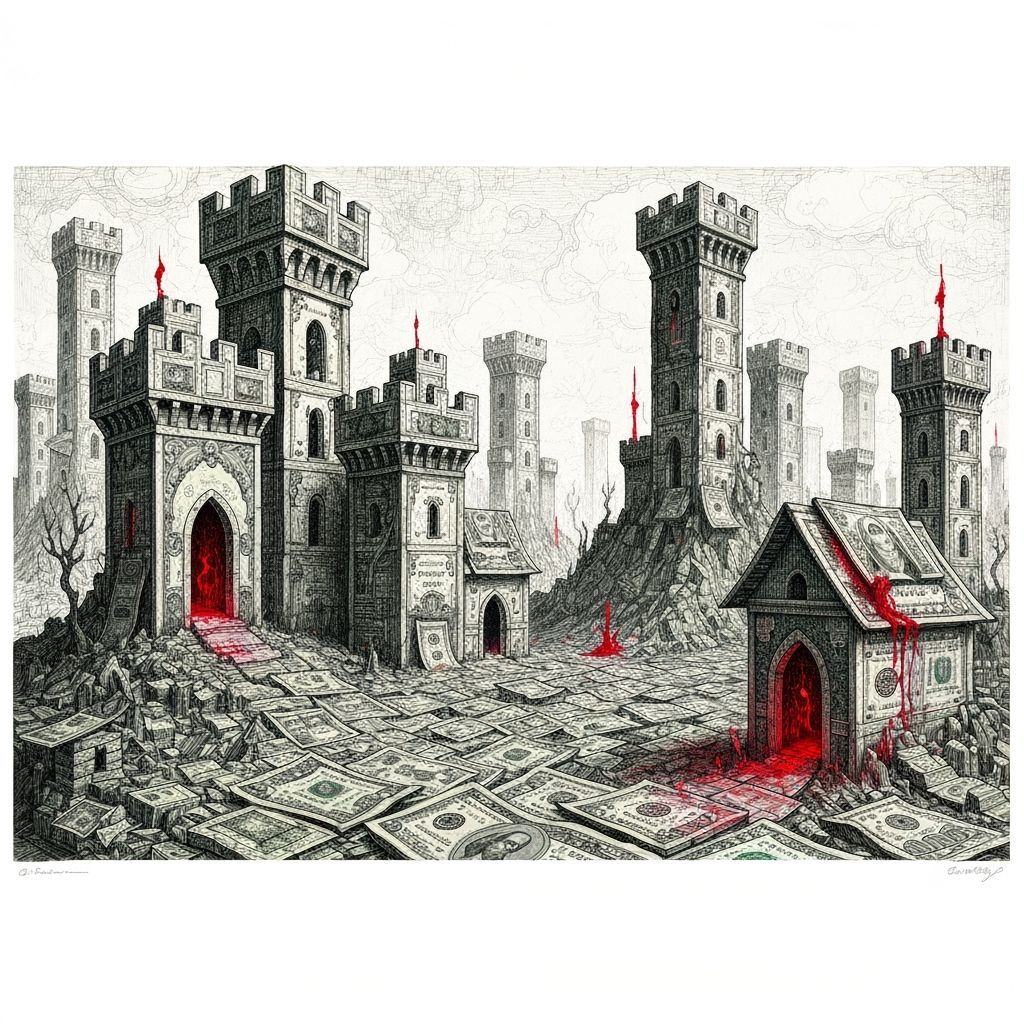 Surreal Money Castle in Grimdark Biopunk Landscape