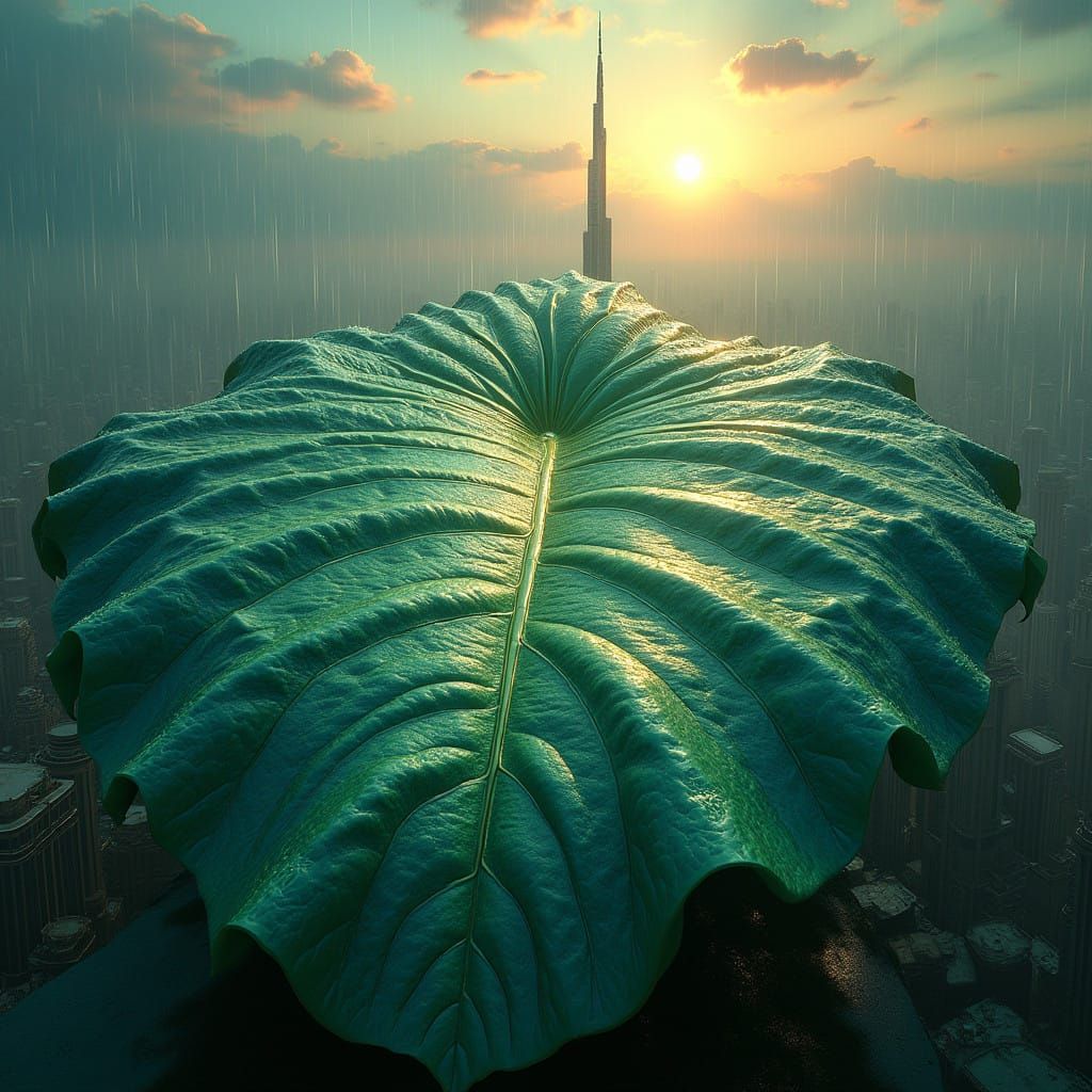 Gigantic Plant Leaf Dwarfs Burj Khalifa in Surreal Rainy Sce...
