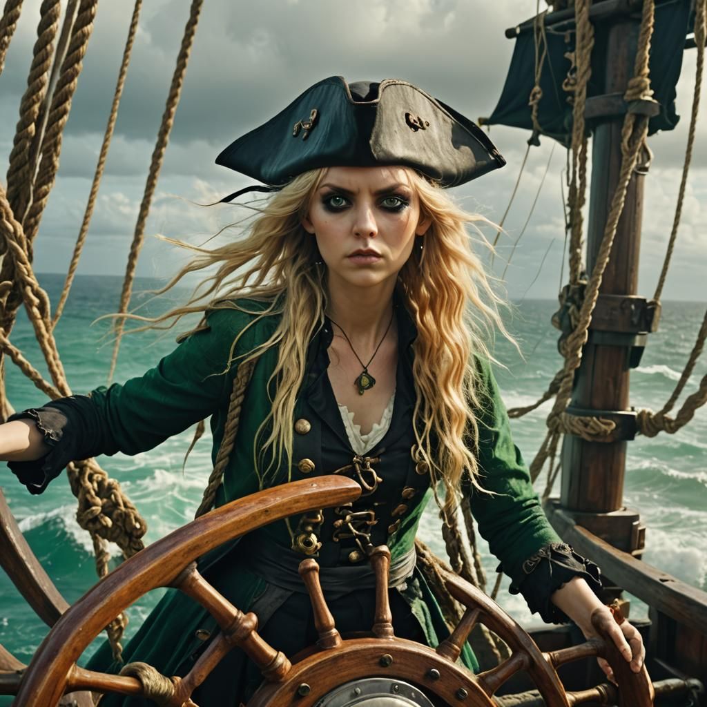 Pirate Captain with Emerald Eyes on Ship