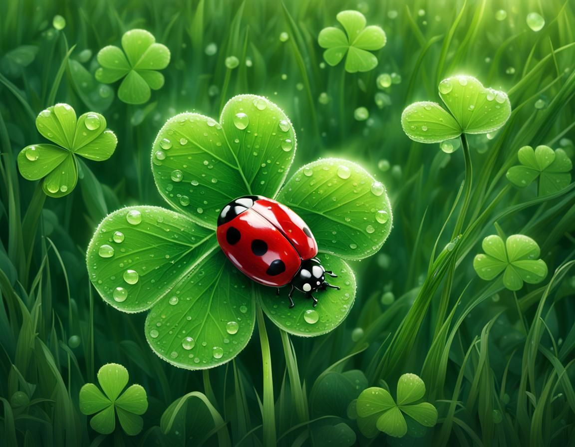 Ladybug is Crawling On a Four-leaf Clover With Dew on It in ...