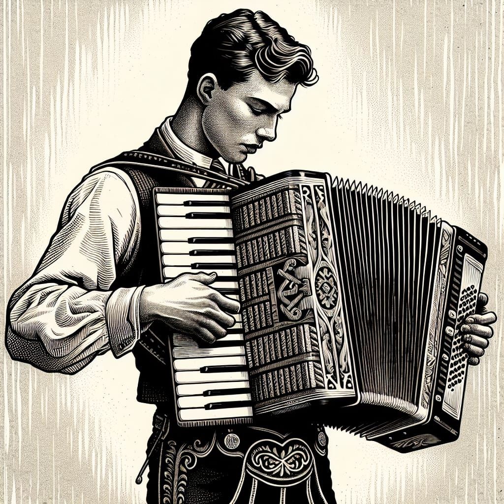 Man in Lederhosen Playing Accordion as Woodcut