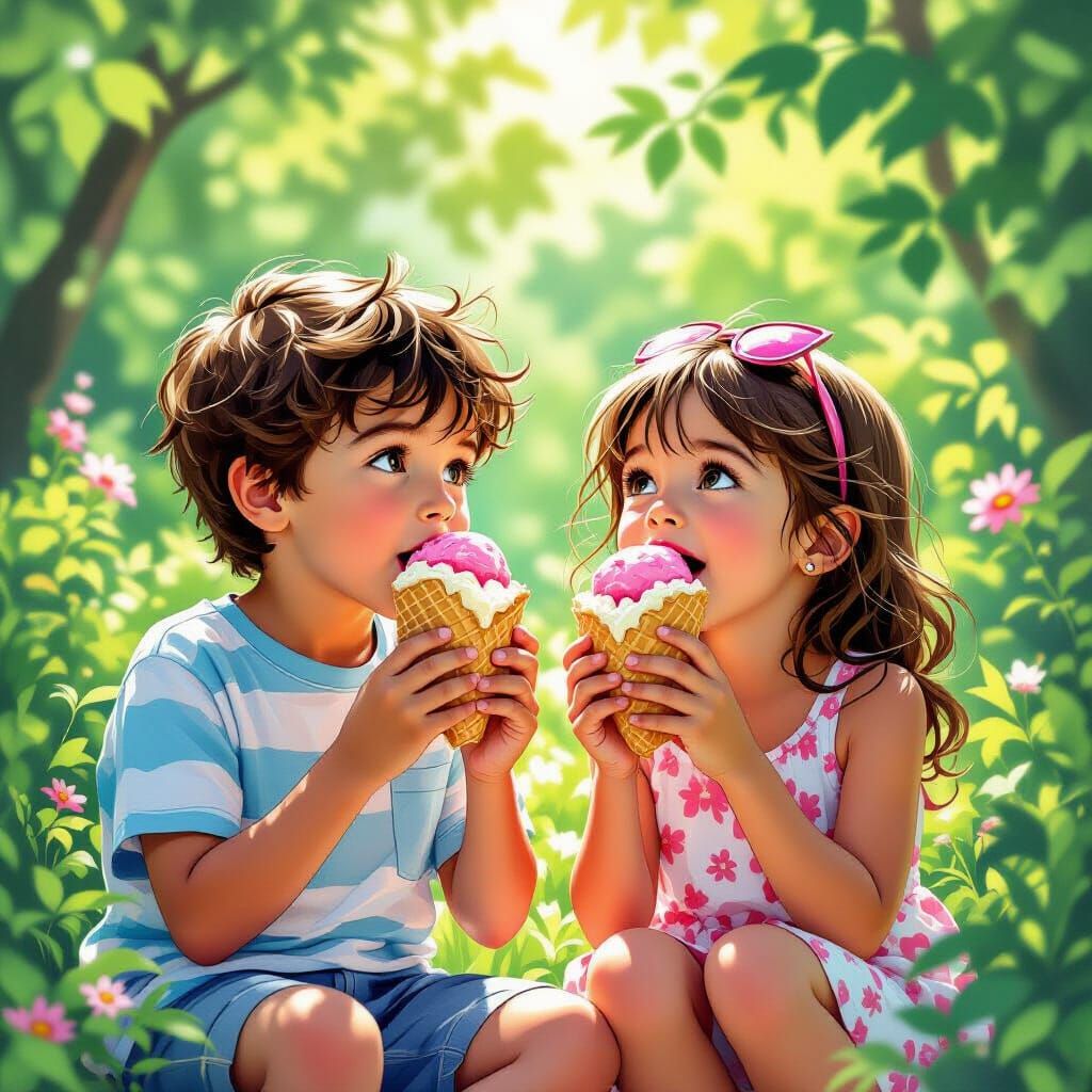 Children Eating Ice Cream Sandwiches in Comic Book Style