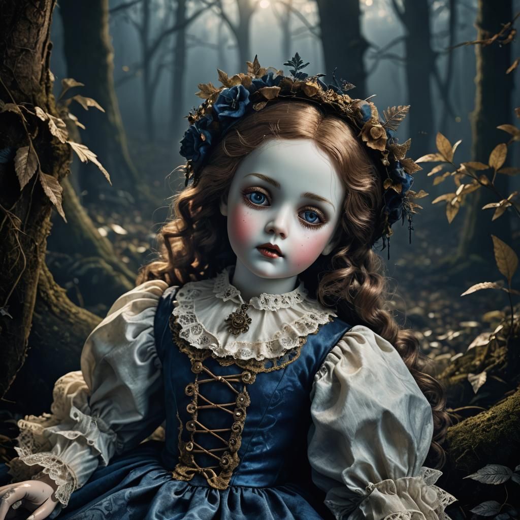 Antique Doll in Mystical Forest: Victorian Gothic Art