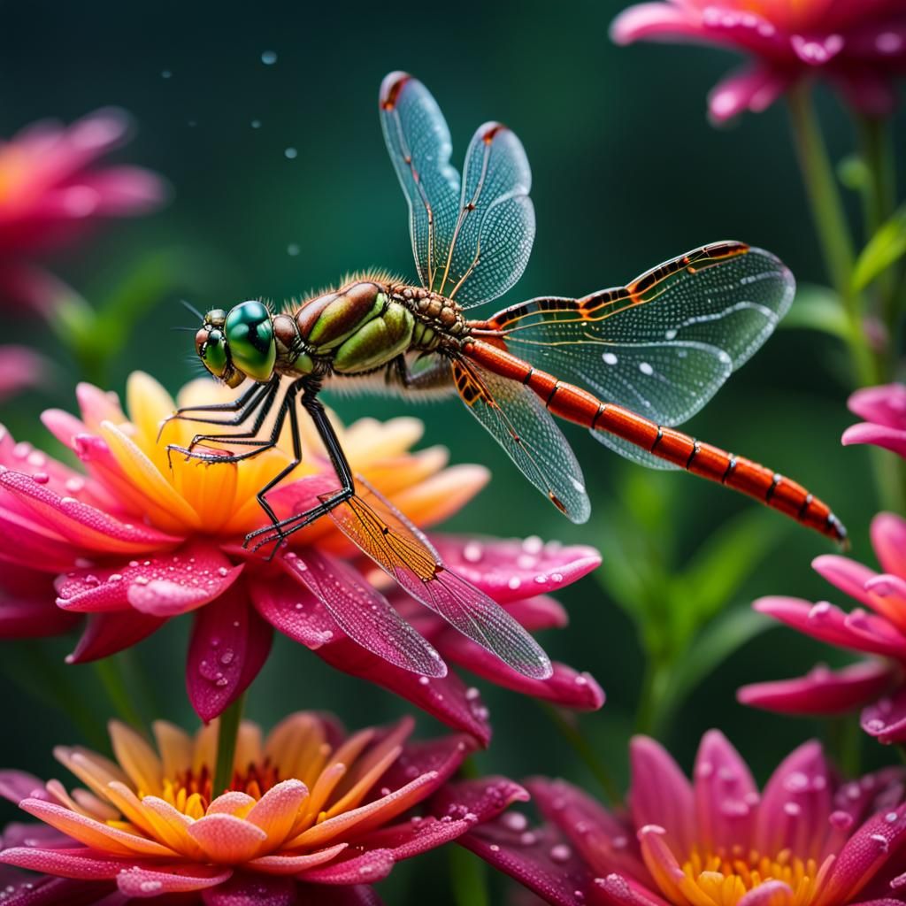 Dew-Covered Dragonfly on Dahlia in Macro Photography