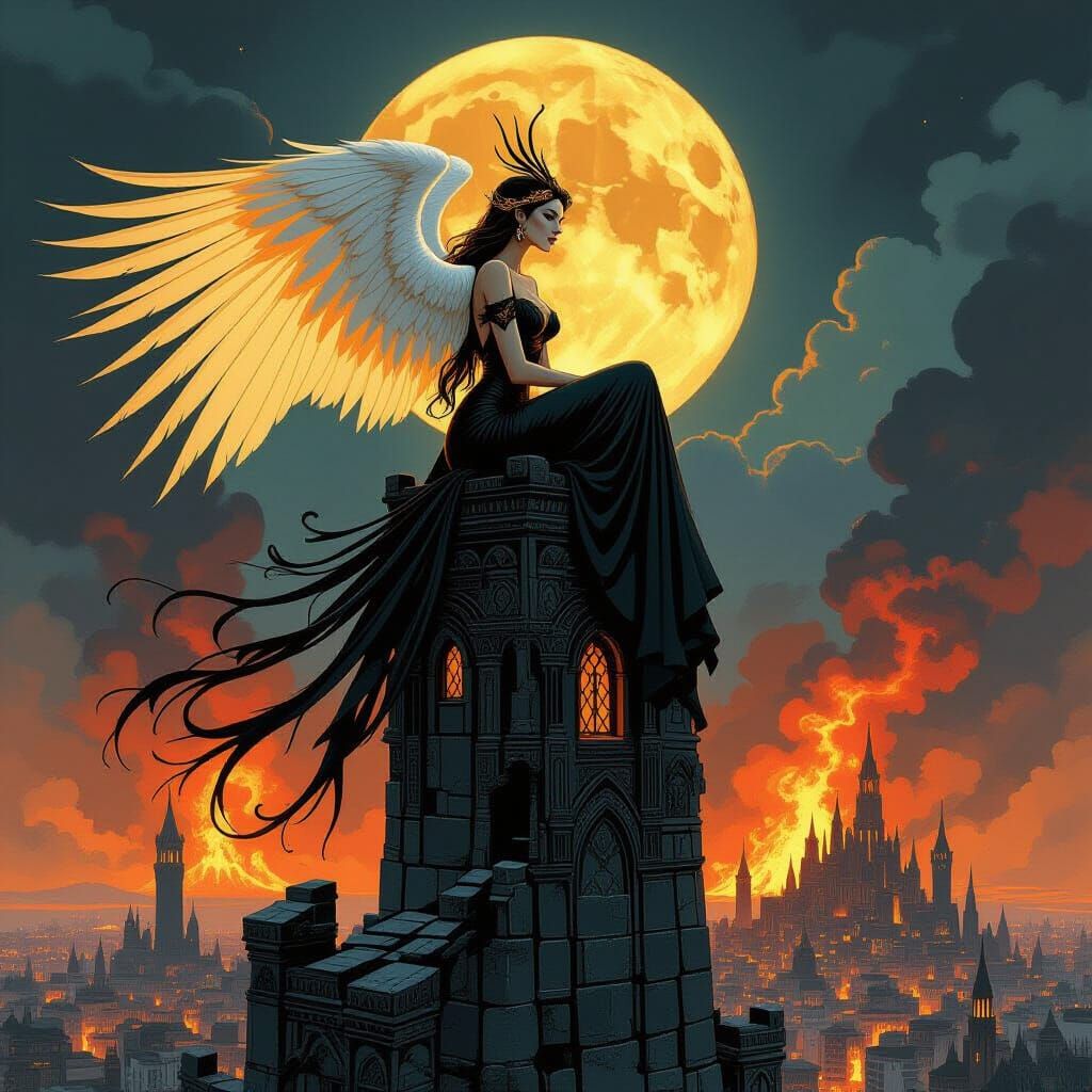 Golden Angel Over Fiery City in Storybook Style