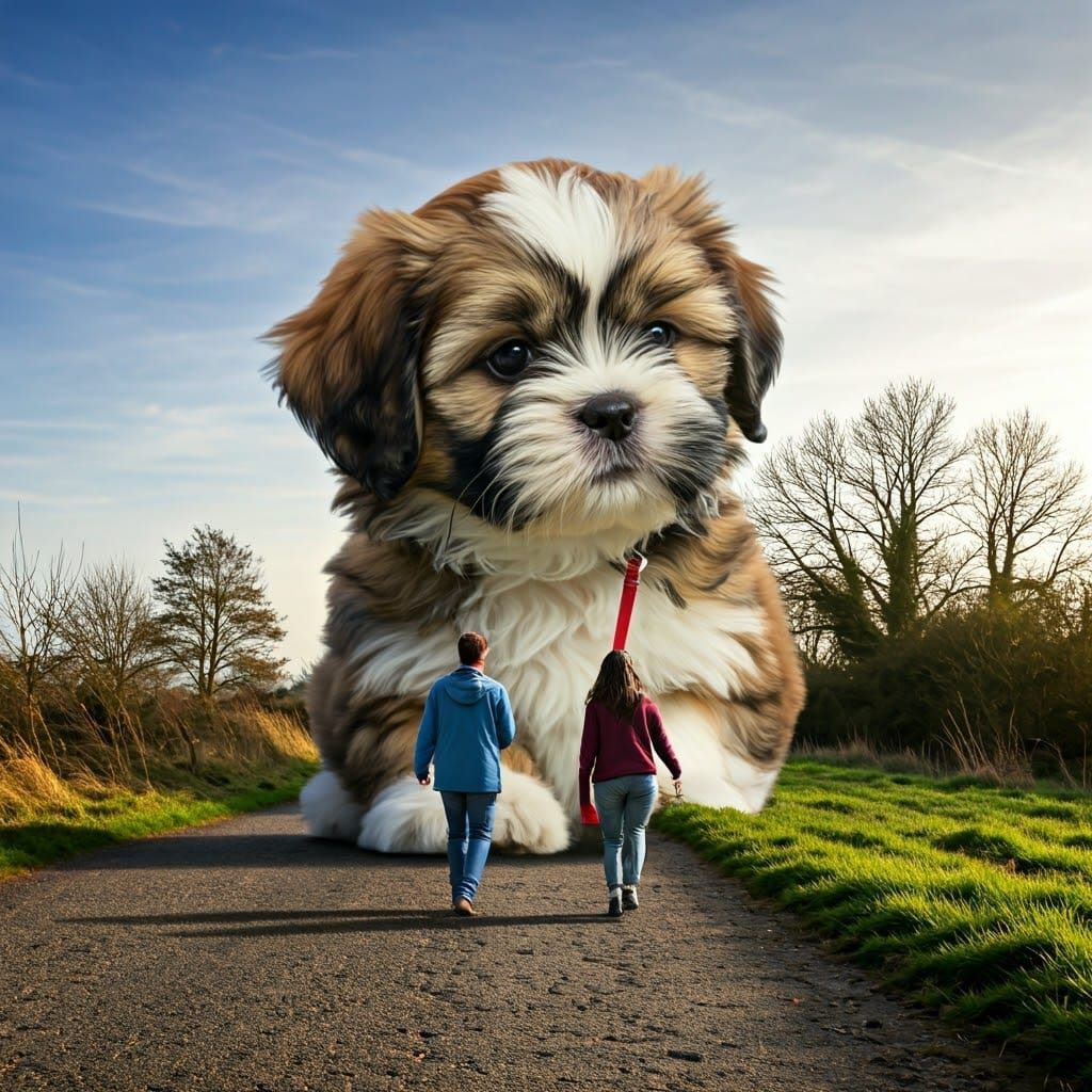 Miniature People Walking a Giant Puppy