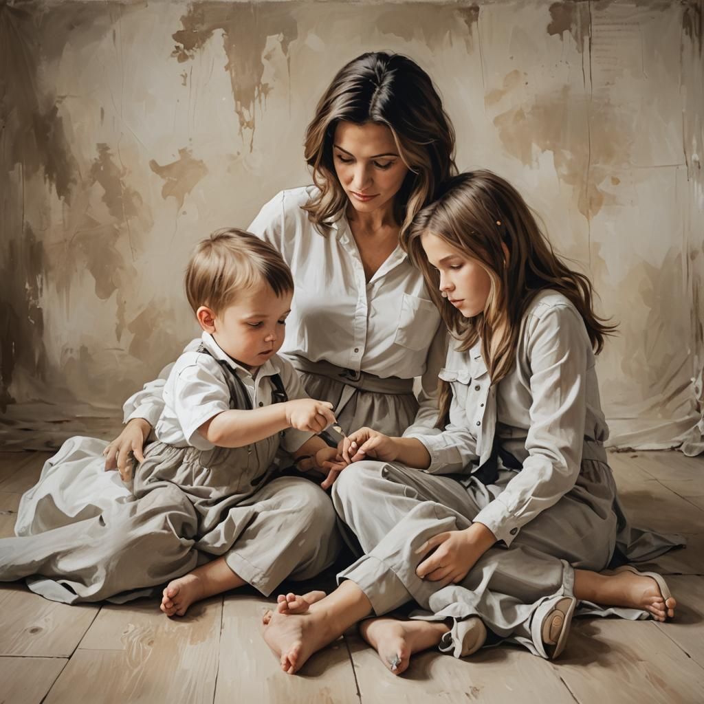 Mother Teaches Her Naughty Boy with Two Sisters Nearby