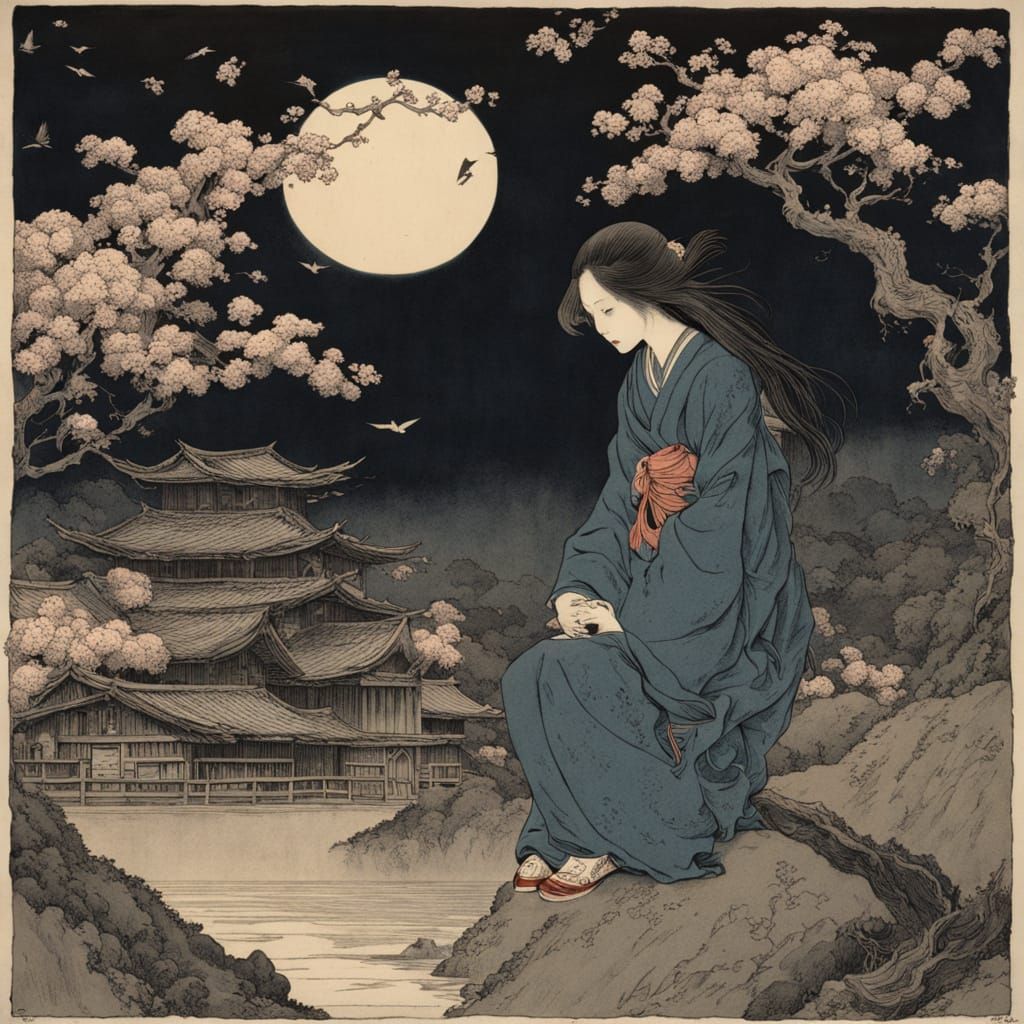 Raven Woman Watches Girl in Rundown House, Woodblock Style
