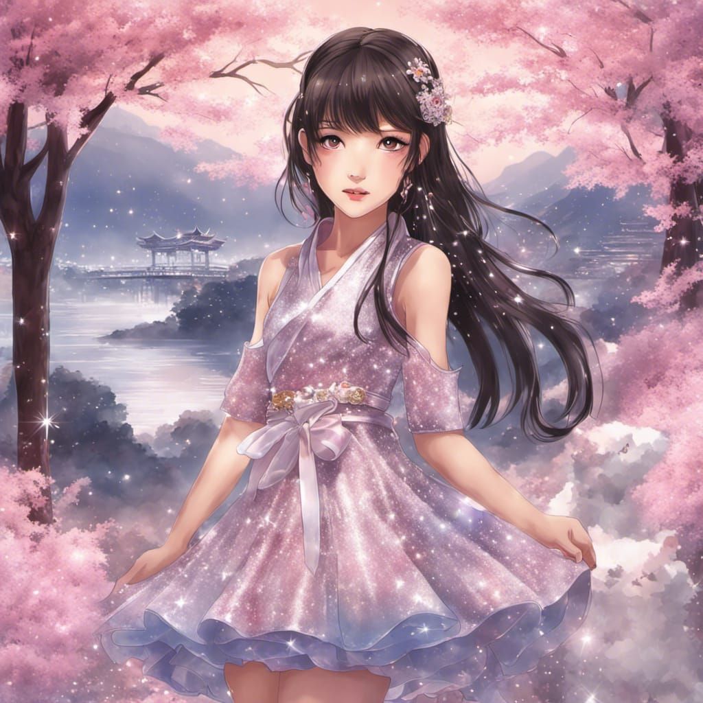 Radiant Japanese Girl in Shimmering Landscape