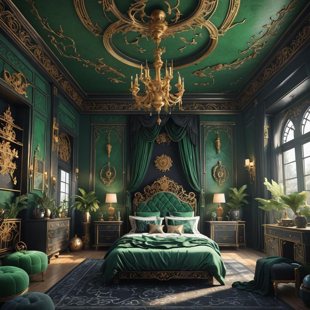 Jade and Black Bedroom in Detailed Matte Painting