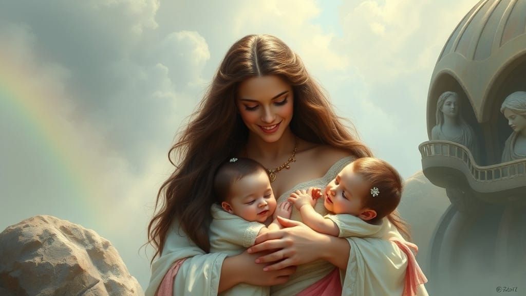 Ancient Princess Cherishes Twin Babies in Whimsical Fantasy....