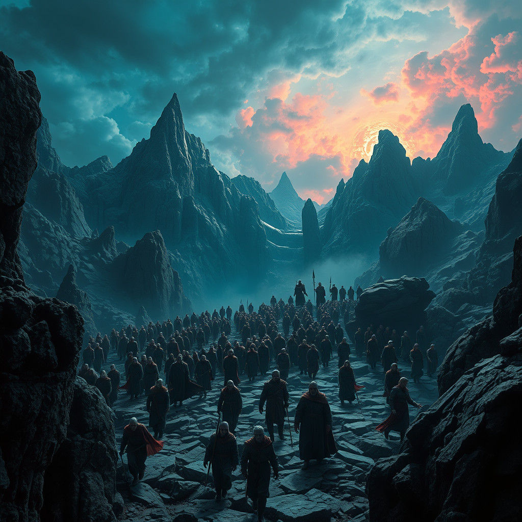 Terrified Figures Fleeing a Twisted Landscape