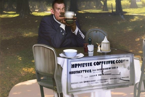 Skeptical Coffee Drinker in Park: Matte Painting