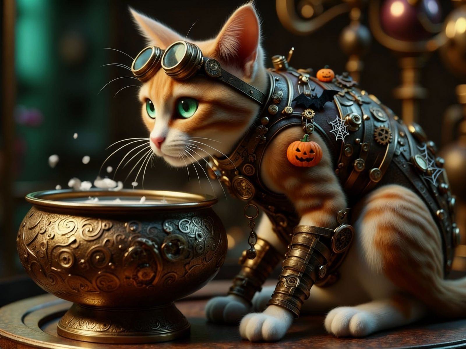 Steampunk Cat Laps Up Milk in a Victorian-Inspired Setting