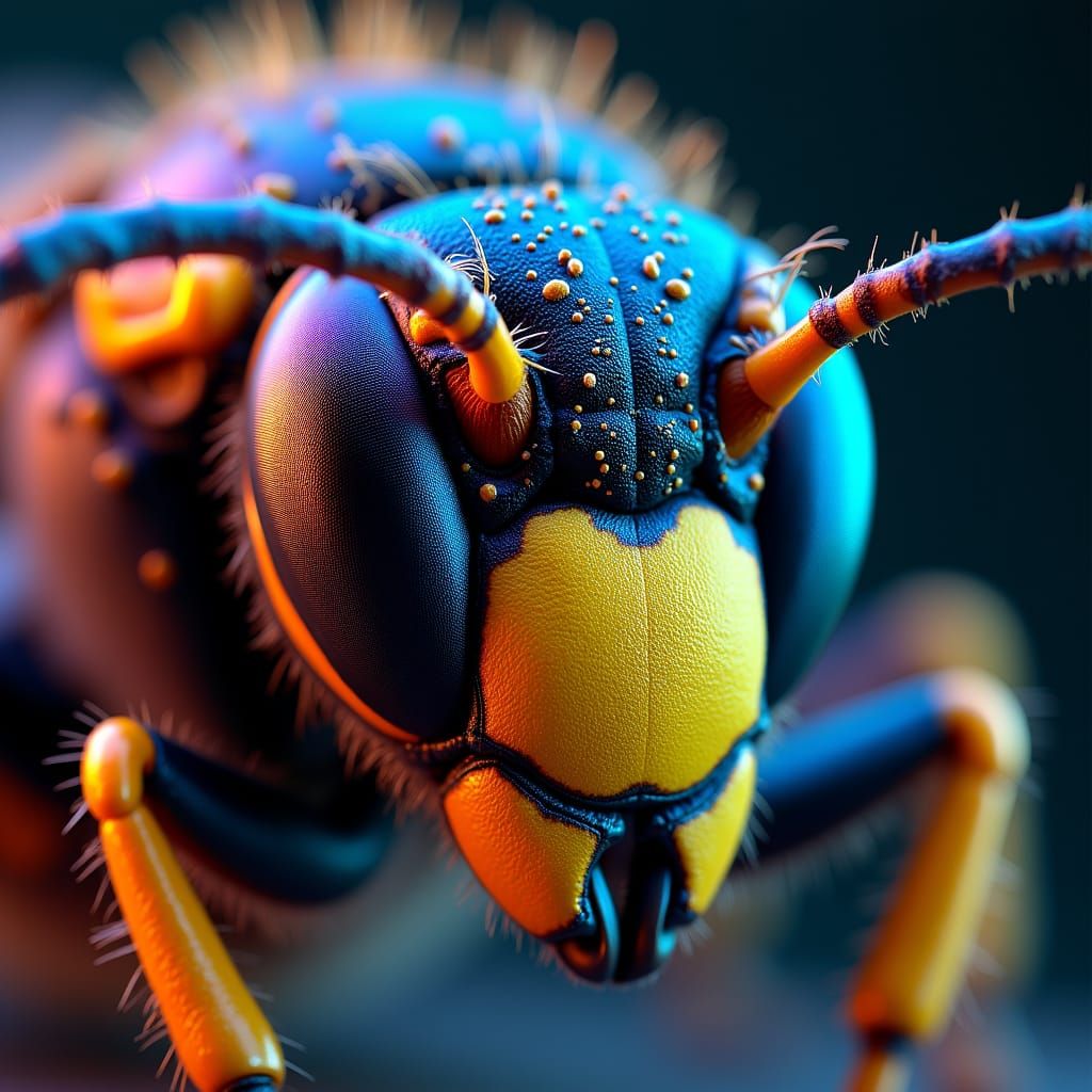 Intricate, extremely detailed close-up of a WASP head flying eye to eye with human eye, fluorescent color, bioluminescen...