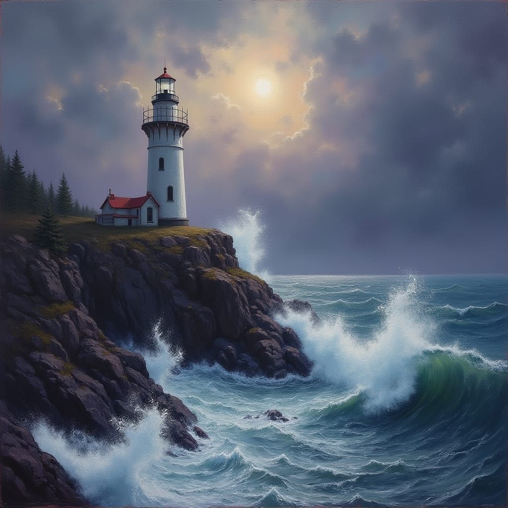 Dramatic Lighthouse in Stormy Seas, Impressionist Style