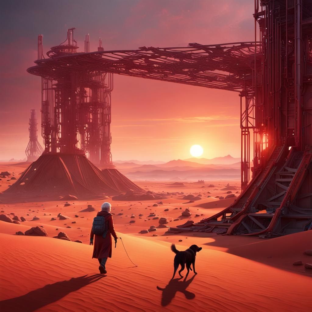 Martian Desert: Elderly Woman and Dog at Sunrise
