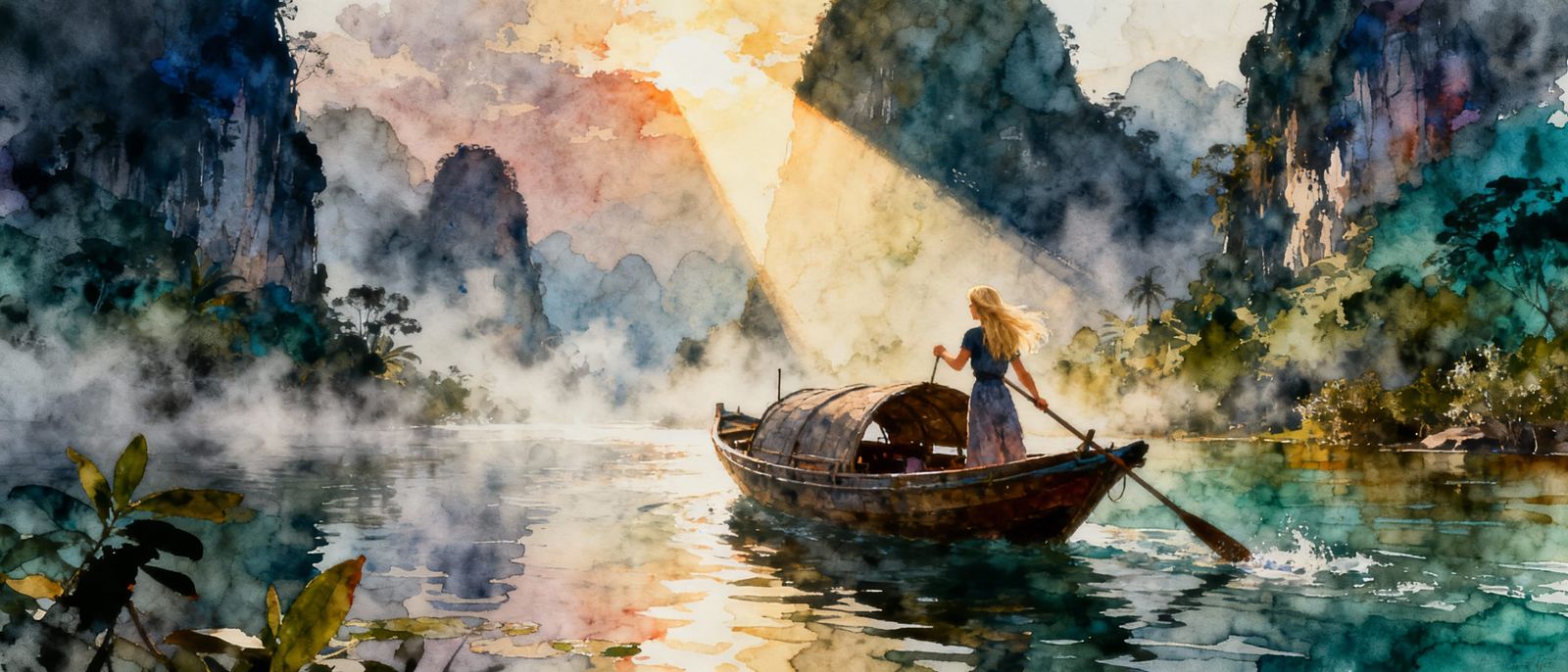 Blonde Woman Sailing Through Otherworldly Vietnam River