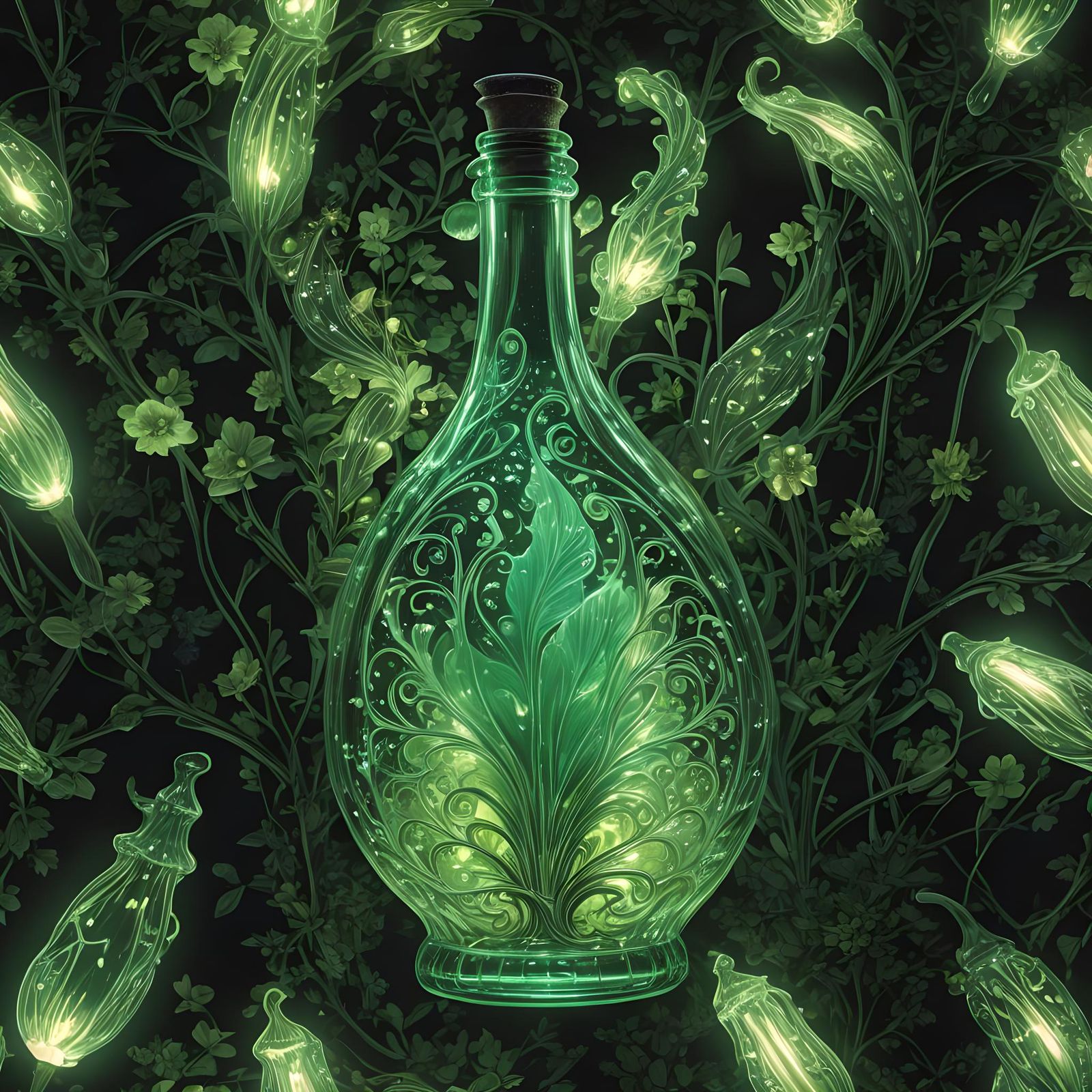 Magical Glowing Absinthe Bottle in Art Nouveau Style