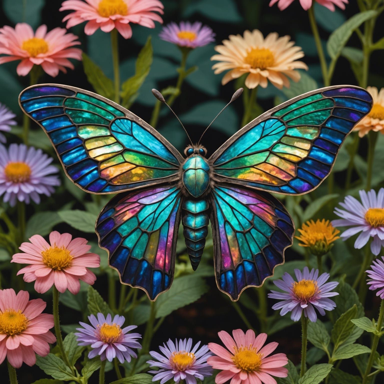 Iridescent Moth in Glowing Night Garden