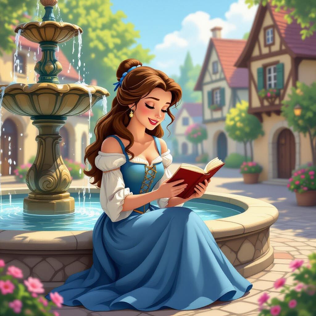Belle Reads by a Village Fountain