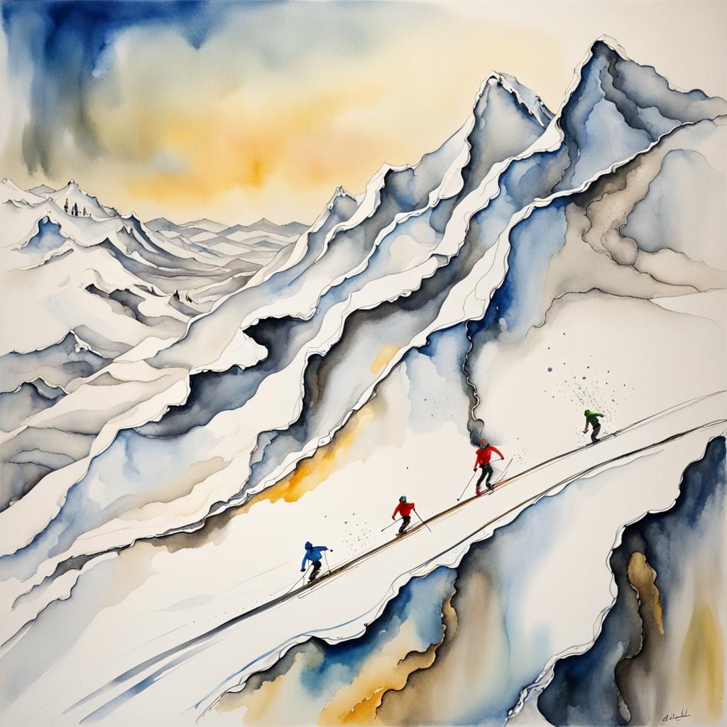 Downhill Skiing Scene as Surreal Ink Painting