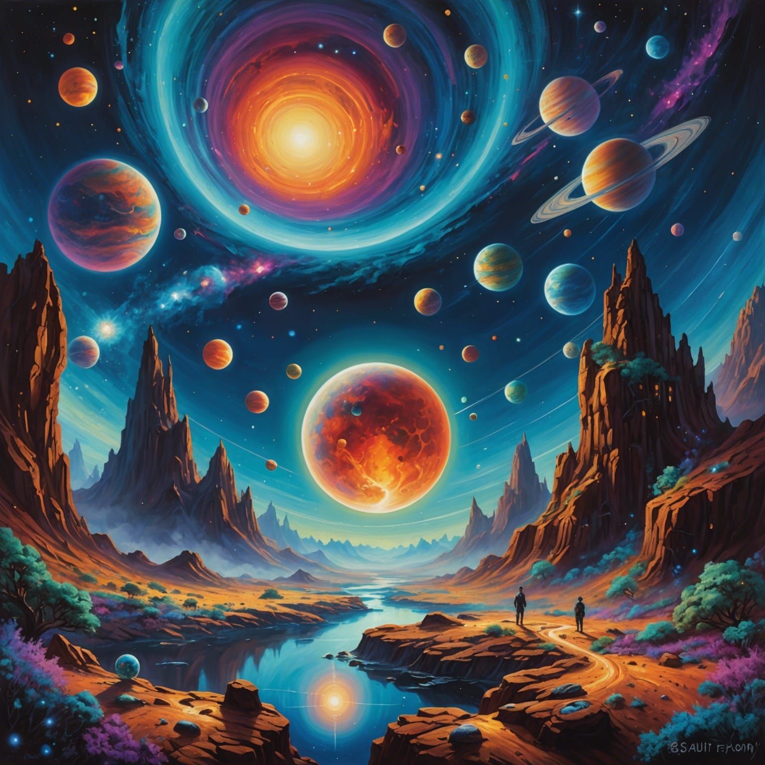 Psychedelic Space Scene Inspired by Fine Art