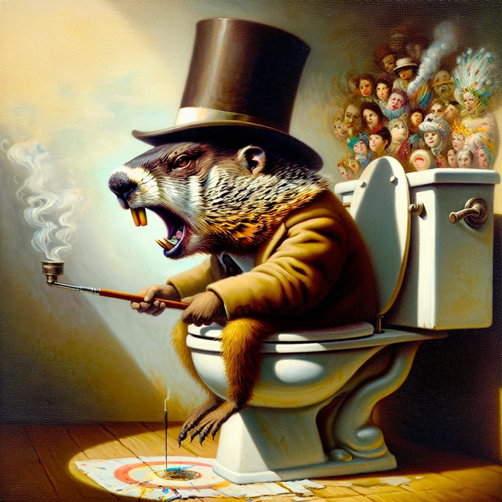 Angry Groundhog on Toilet in Post-Impressionist Style