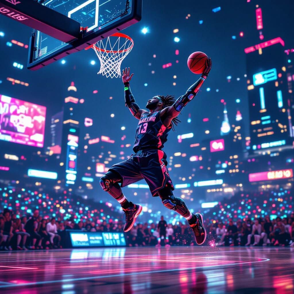Cyberpunk Basketball Player Dunking in Neon Cityscape