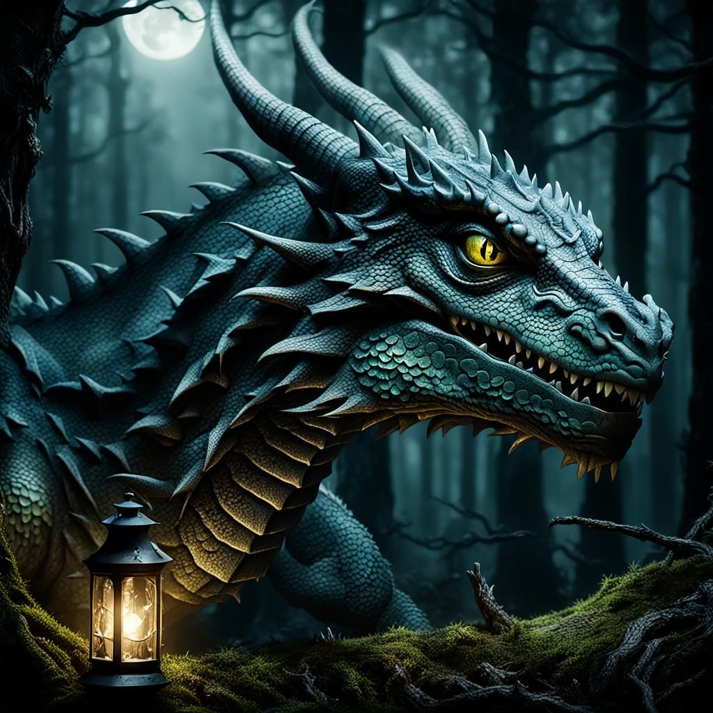 Dragon in Dark Forest: Dark Fantasy Art
