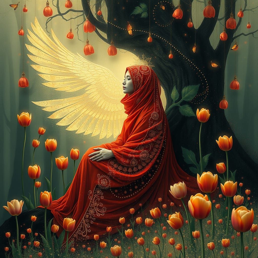 Surreal Goddess of Spring Awakens Amidst Whispers of Tulips