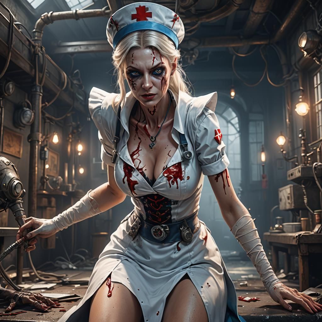 Evil Nurse with Blue Eyes: Detailed Fantasy Art