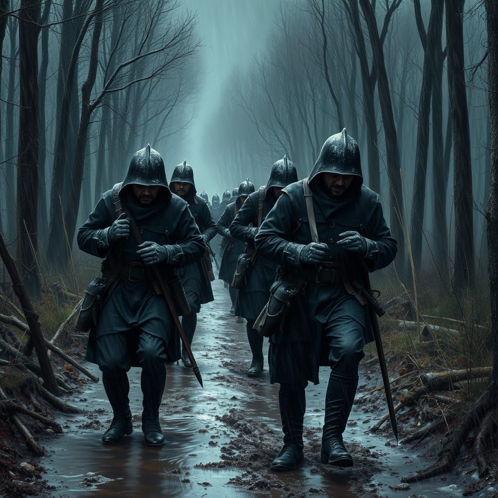 Exhausted Soldiers Struggle Through Wintry Storm