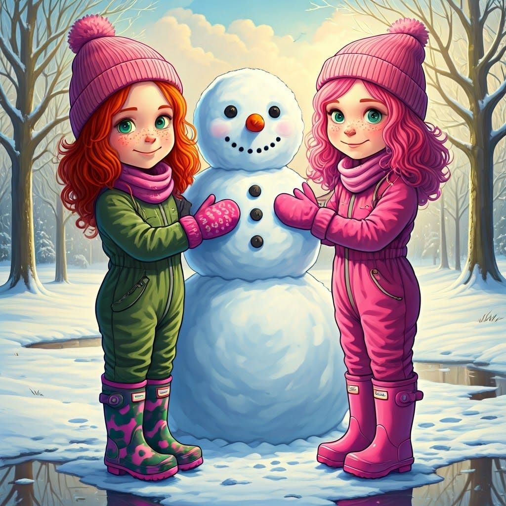 Sisters Build Majestic Snowman in Whimsical Winter Wonderlan...