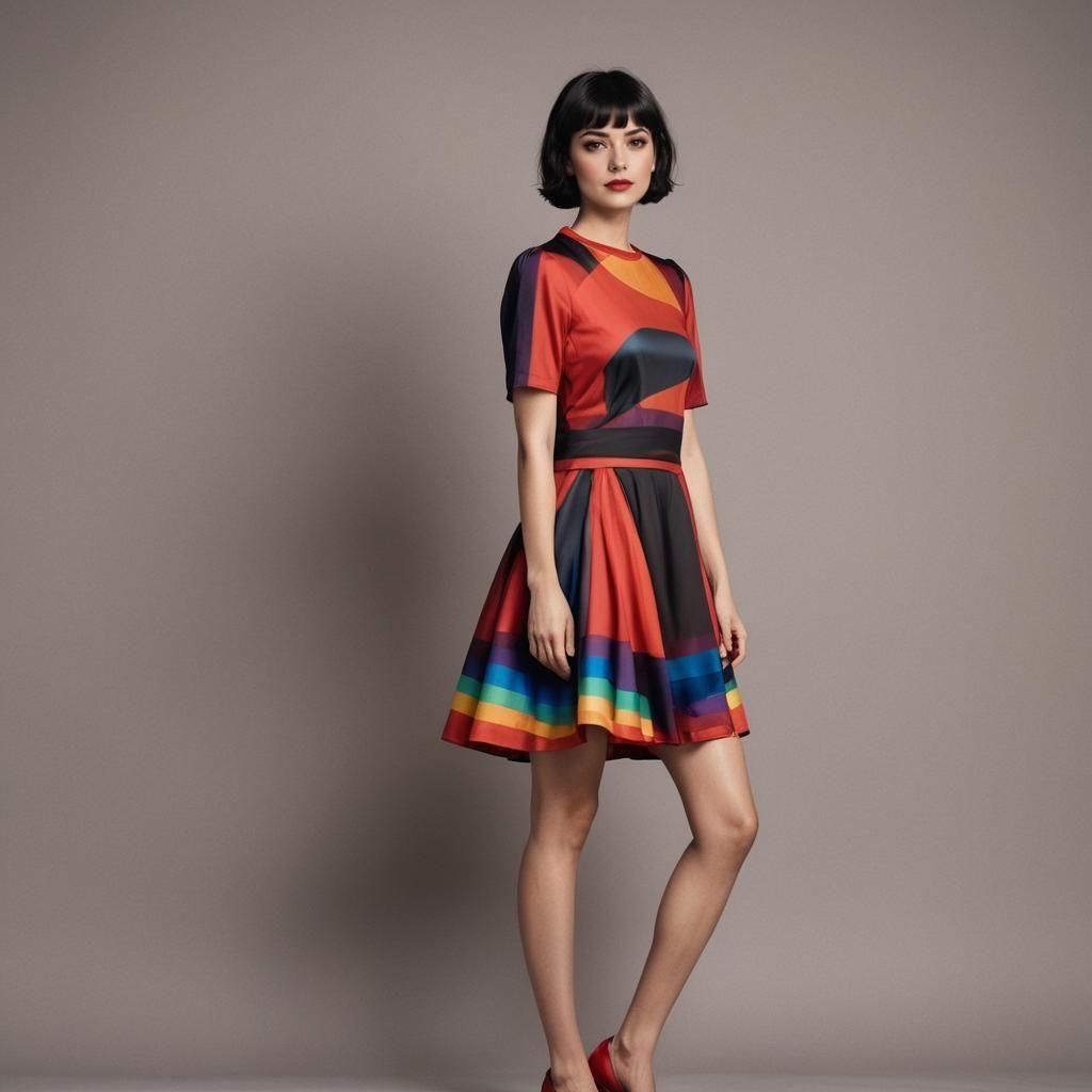 Female Model in Red Monochrome Rainbow Dress