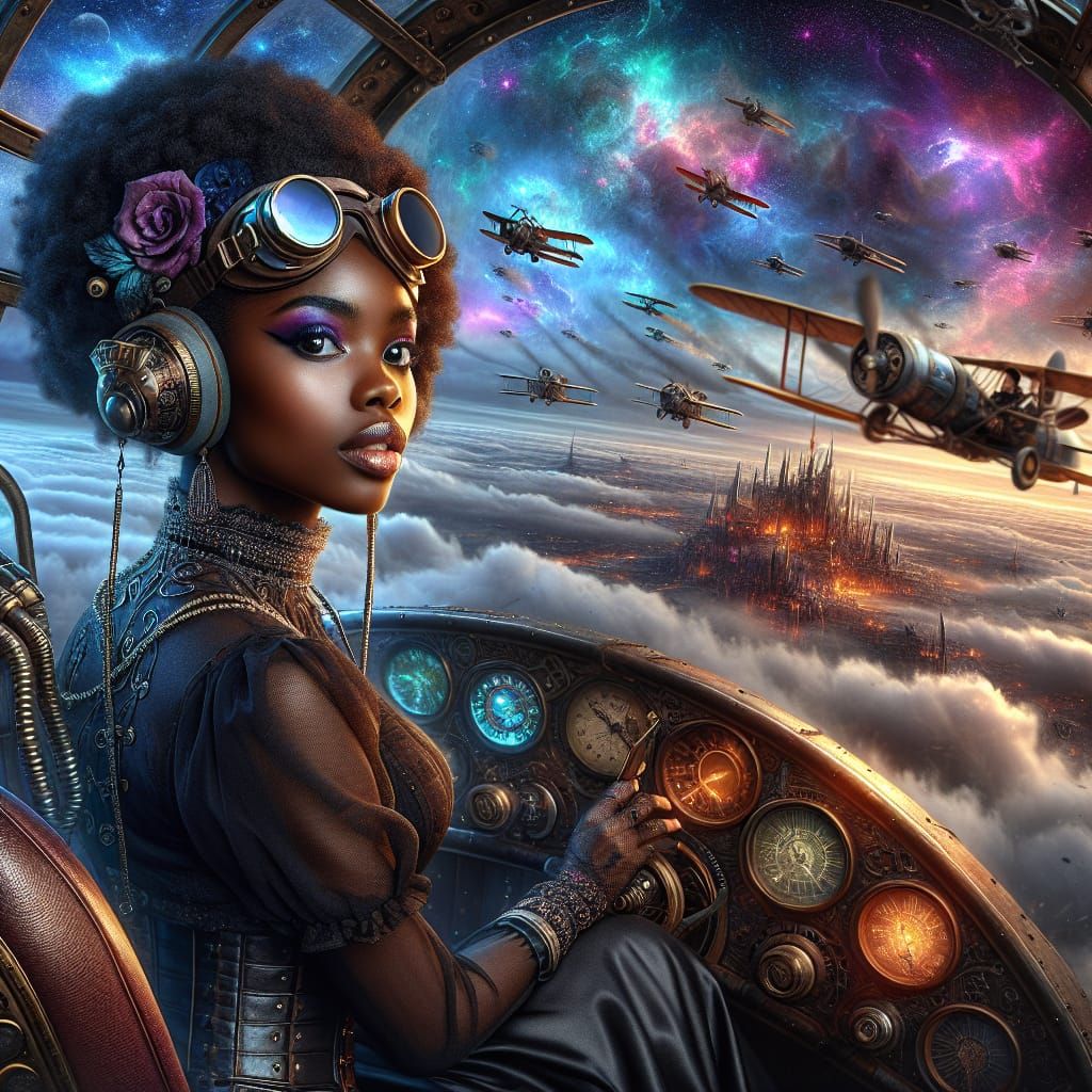 Steampunk Girl in Aerial Battle over City