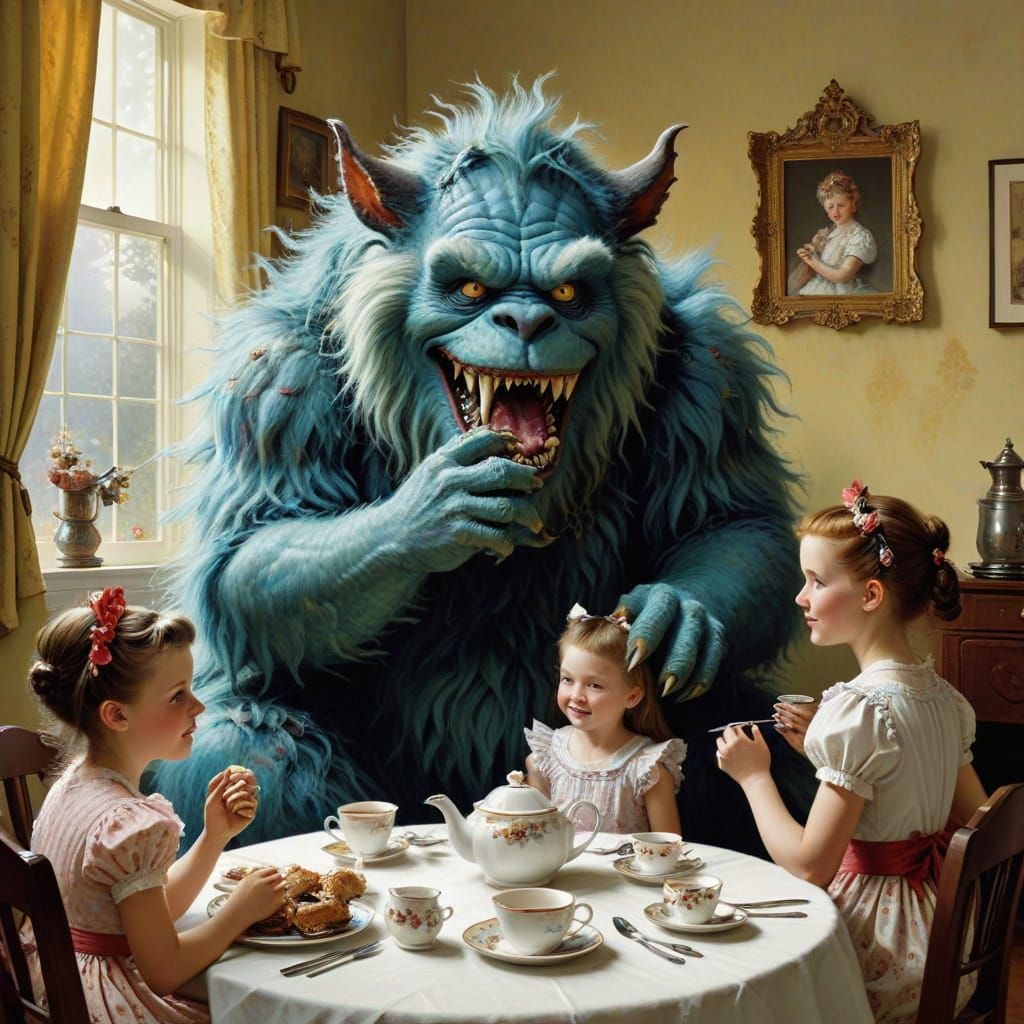 Furry Monster Tea Party in Norman Rockwell Style