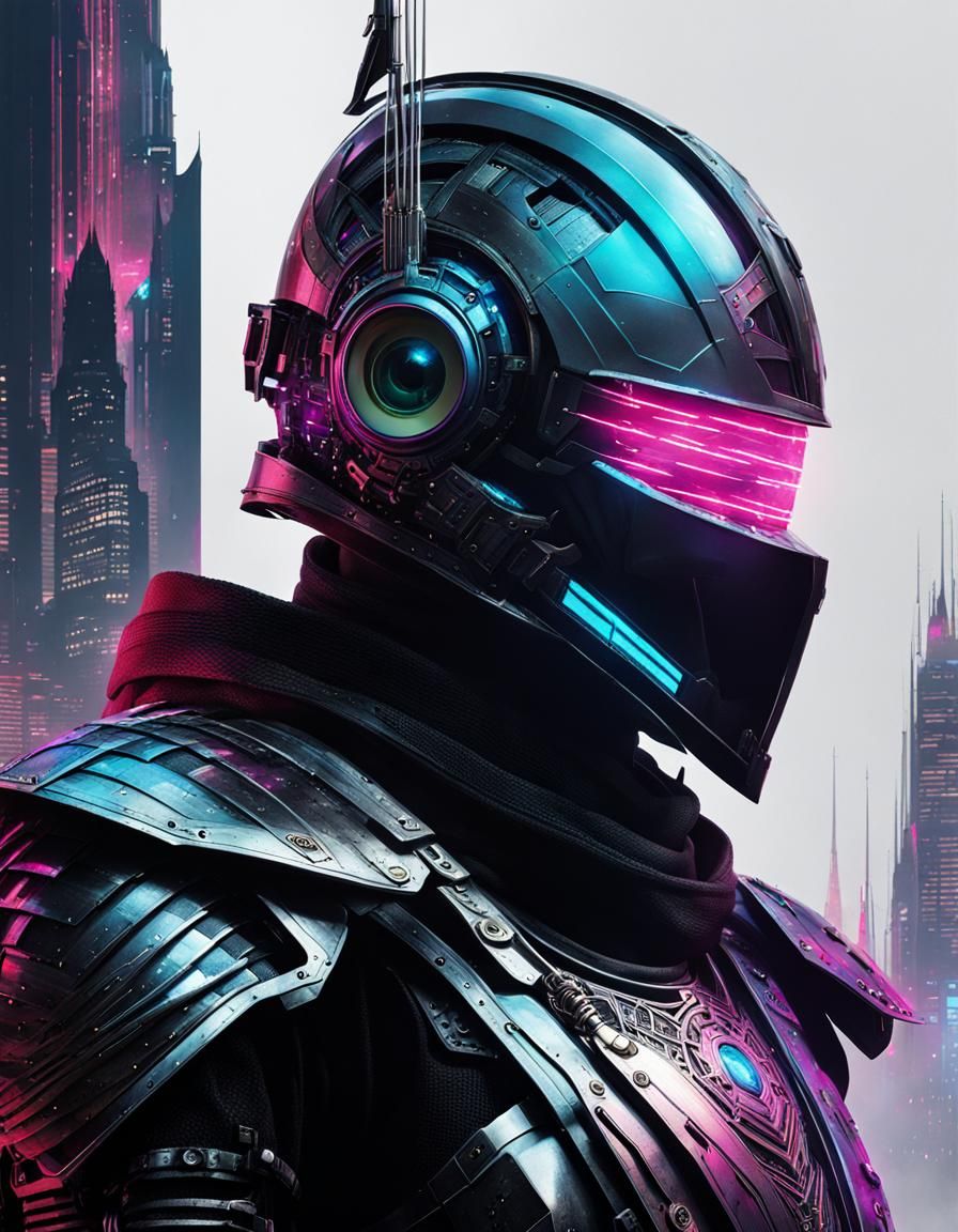 Cyberpunk Knight with Bionic Eye in Synthwave Style